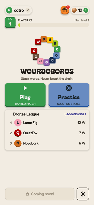 Wourdoboros main menu with Play and Practice, and the Bronze League leaderboard